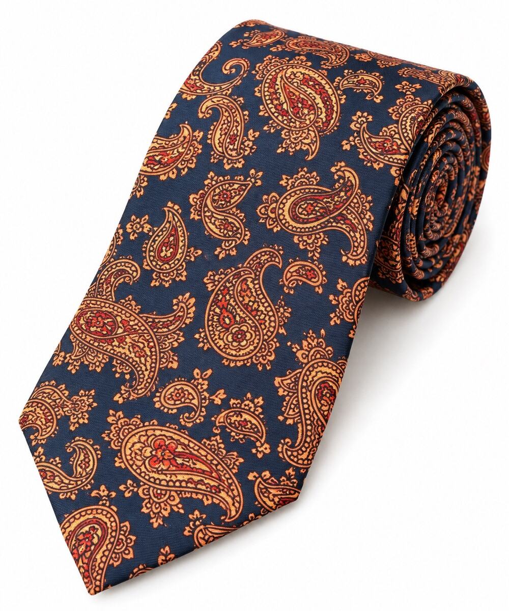 Brooks Brothers 346 Boys Paisley Necktie Navy Rust Orange Polyester Preppy Tie